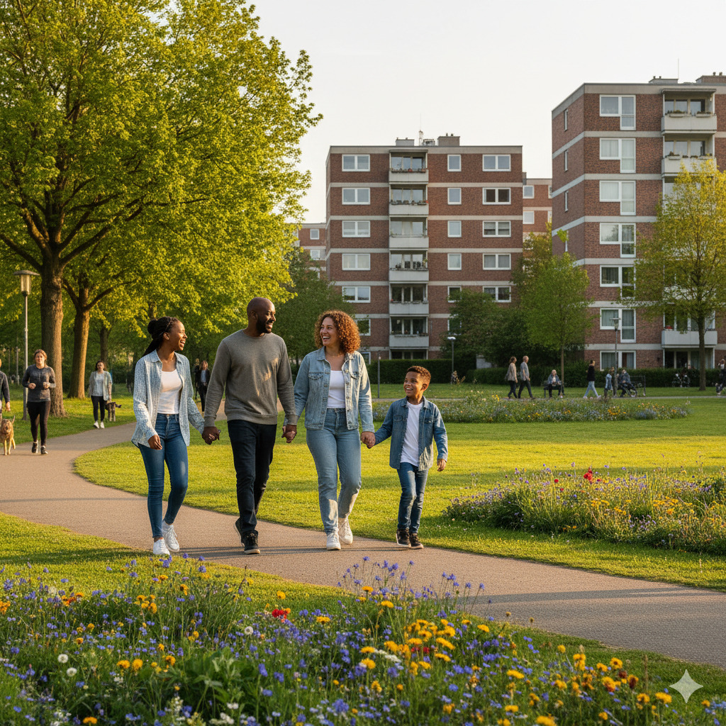 Eine Familie genießt ihren Alltag in einer grünen Umgebung im Nürnberger Stadtteil Langwasser